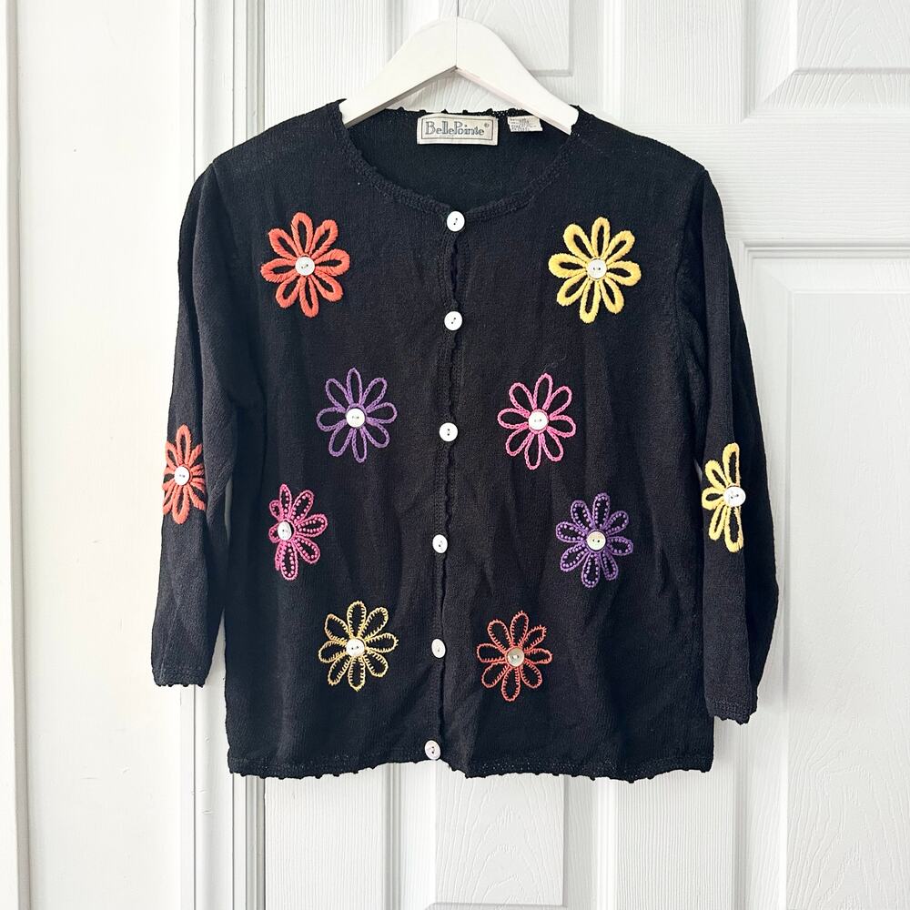 Belle Pointe Vintage Black Cotton Knit Cardigan Colorful Daisy Floral Medium